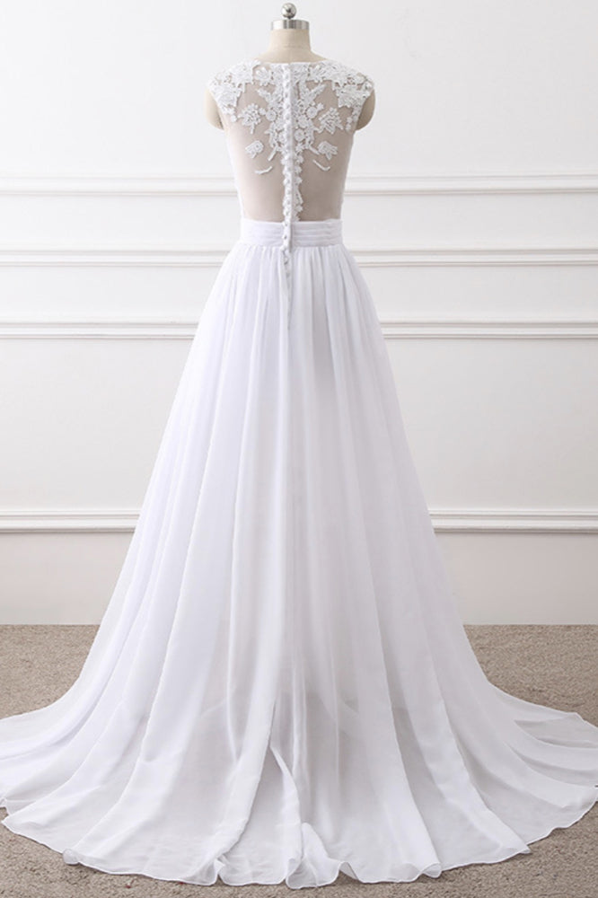 Elegant Jewel Chiffon Lace White Wedding Dress A-Line Sleeveless Appliques Bridal Gowns with Slit On Sale