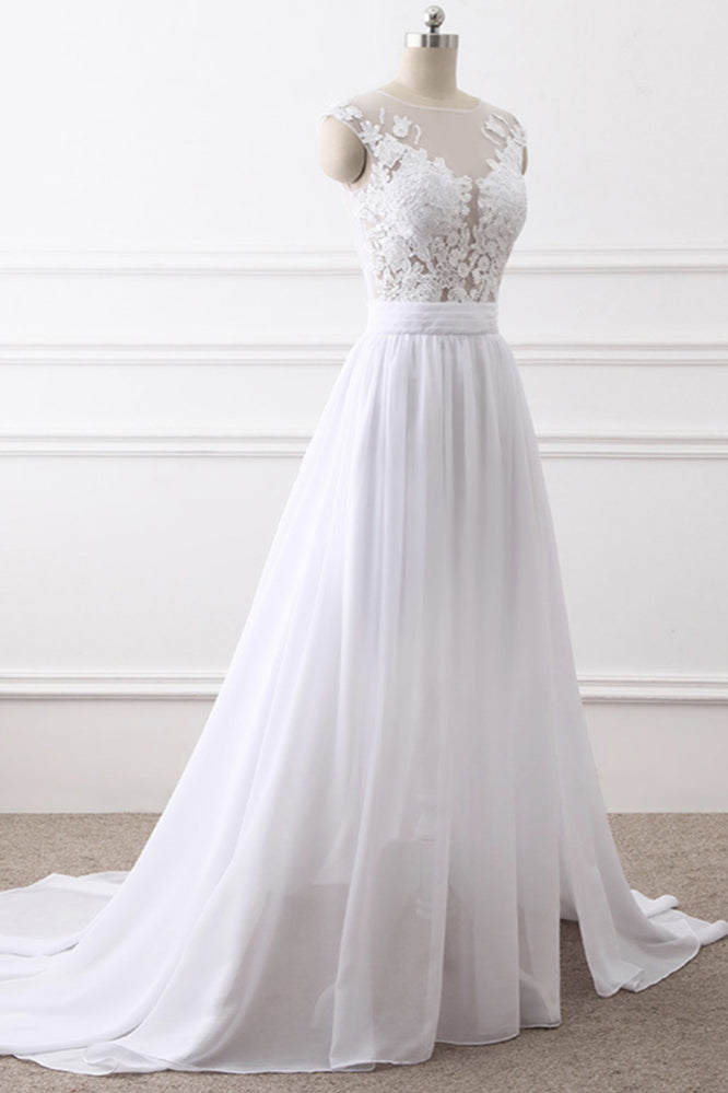 Elegant Jewel Chiffon Lace White Wedding Dress A-Line Sleeveless Appliques Bridal Gowns with Slit On Sale