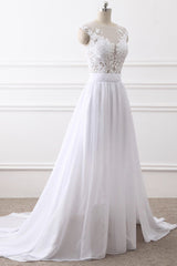 Elegant Jewel Chiffon Lace White Wedding Dress A-Line Sleeveless Appliques Bridal Gowns with Slit On Sale