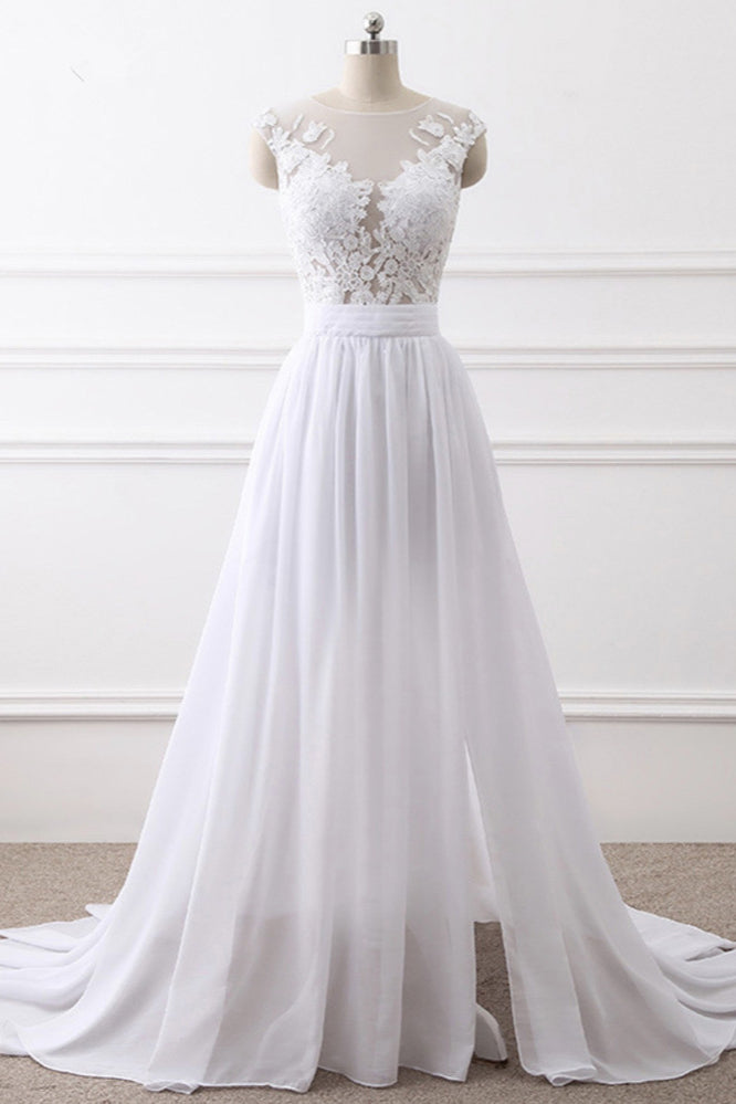 Elegant Jewel Chiffon Lace White Wedding Dress A-Line Sleeveless Appliques Bridal Gowns with Slit On Sale