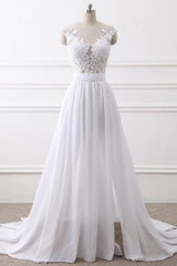 Elegant Jewel Chiffon Lace White Wedding Dress A-Line Sleeveless Appliques Bridal Gowns with Slit On Sale