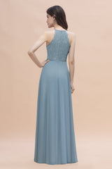 Elegant Jewel Lace Appliques Dusty Blue Chiffon Bridesmaid Dress On Sale