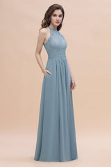 Elegant Jewel Lace Appliques Dusty Blue Chiffon Bridesmaid Dress On Sale