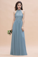 Elegant Jewel Lace Appliques Dusty Blue Chiffon Bridesmaid Dress On Sale