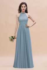 Elegant Jewel Lace Appliques Dusty Blue Chiffon Bridesmaid Dress On Sale