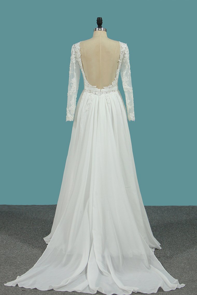 Elegant Jewel Long Sleeves Wedding Dress Chiffon Tulle Lace Ruffles Bridal Gowns Online