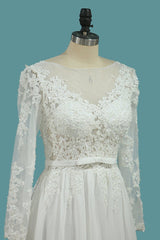 Elegant Jewel Long Sleeves Wedding Dress Chiffon Tulle Lace Ruffles Bridal Gowns Online