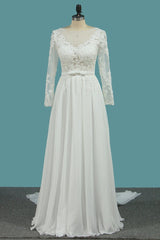 Elegant Jewel Long Sleeves Wedding Dress Chiffon Tulle Lace Ruffles Bridal Gowns Online