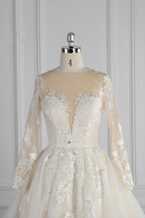 Elegant Jewel Long Sleeves Wedding Dress Tulle Appliques Ruffles Bridal Gowns with Beadings Online