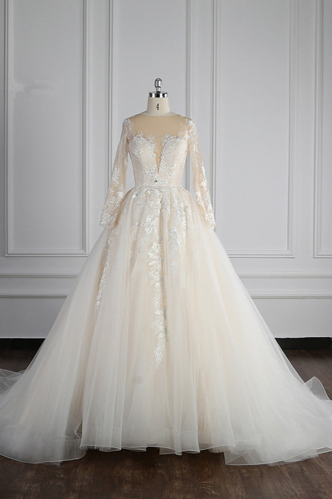 Elegant Jewel Long Sleeves Wedding Dress Tulle Appliques Ruffles Bridal Gowns with Beadings Online