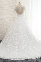 Elegant Jewel Longsleeves Lace Wedding Dresses White A-line Bridal Gowns With Appliques On Sale