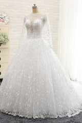 Elegant Jewel Longsleeves Lace Wedding Dresses White A-line Bridal Gowns With Appliques On Sale