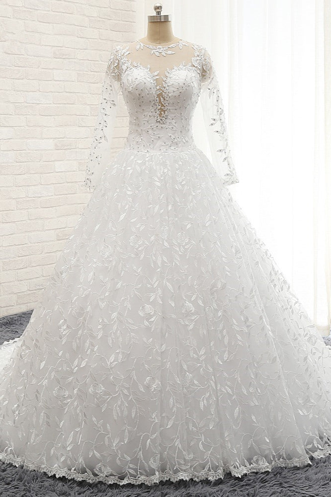 Elegant Jewel Longsleeves Lace Wedding Dresses White A-line Bridal Gowns With Appliques On Sale