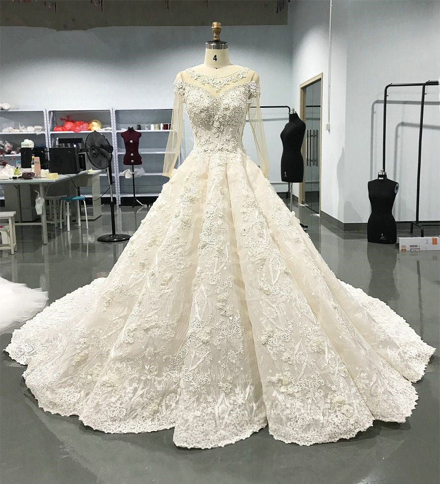 Elegant Jewel Longsleeves White Wedding Dresses With Appliques A-line Ruffles Lace Bridal Gowns On Sale