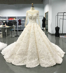 Elegant Jewel Longsleeves White Wedding Dresses With Appliques A-line Ruffles Lace Bridal Gowns On Sale