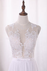 Elegant Jewel Tull Lace Wedding Dress Sleeveless Appliques Ruffles Bridal Gowns On Sale