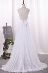 Elegant Jewel Tull Lace Wedding Dress Sleeveless Appliques Ruffles Bridal Gowns On Sale