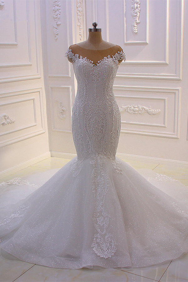 Elegant Jewel Tulle Lace Sequined Wedding Dress Mermaid Appliques Sleeveless Bridal Gowns On Sale