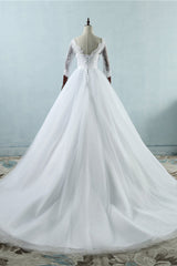 Elegant Jewel Tulle Lace Wedding Dress 3/4 Sleeves Appliques A-Line Bridal Gowns On Sale