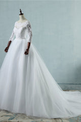 Elegant Jewel Tulle Lace Wedding Dress 3/4 Sleeves Appliques A-Line Bridal Gowns On Sale