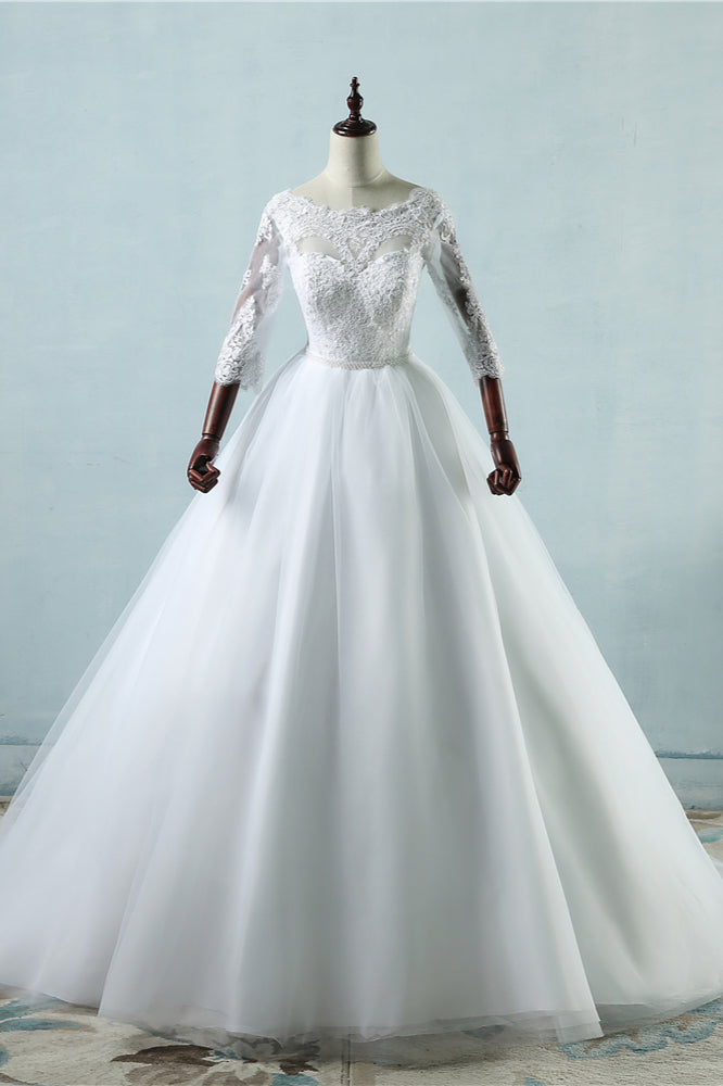 Elegant Jewel Tulle Lace Wedding Dress 3/4 Sleeves Appliques A-Line Bridal Gowns On Sale