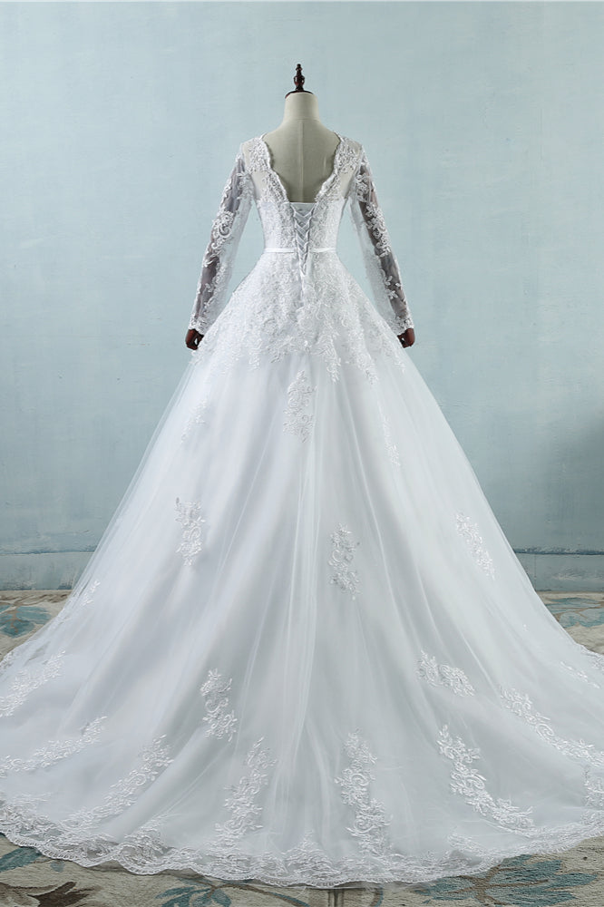 Elegant Jewel Tulle Lace Wedding Dress Long Sleeves Appliques A-Line Bridal Gowns On Sale