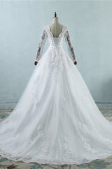 Elegant Jewel Tulle Lace Wedding Dress Long Sleeves Appliques A-Line Bridal Gowns On Sale