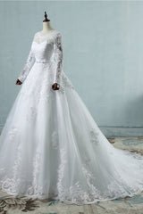 Elegant Jewel Tulle Lace Wedding Dress Long Sleeves Appliques A-Line Bridal Gowns On Sale