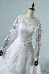 Elegant Jewel Tulle Lace Wedding Dress Long Sleeves Appliques A-Line Bridal Gowns On Sale