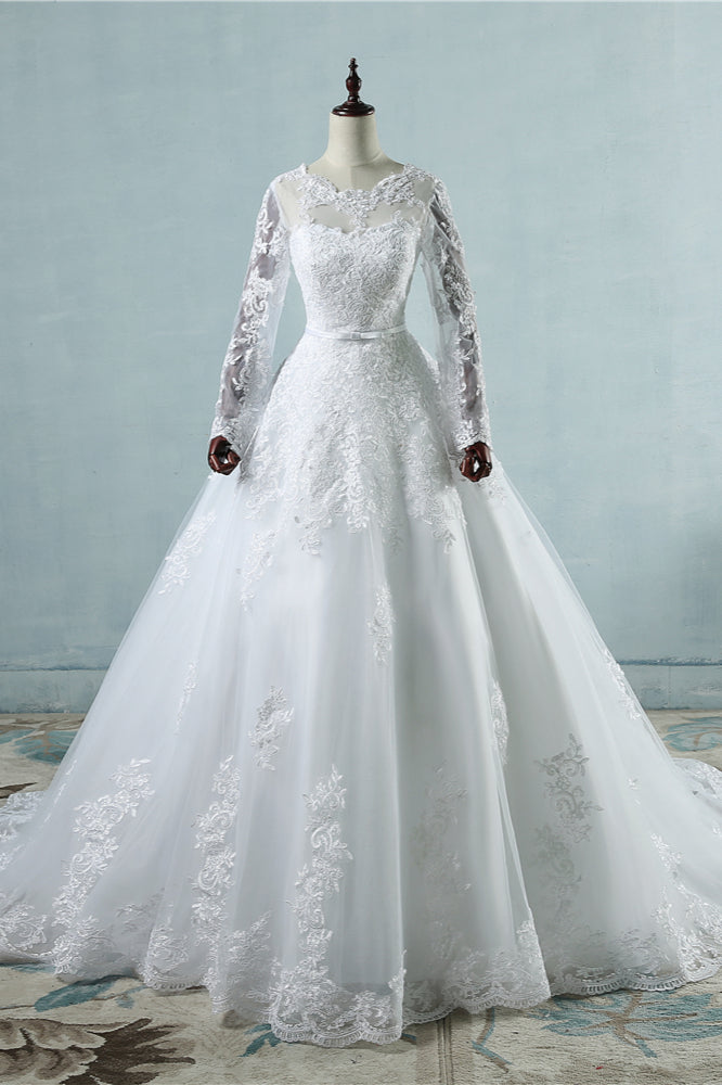 Elegant Jewel Tulle Lace Wedding Dress Long Sleeves Appliques A-Line Bridal Gowns On Sale