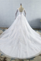 Elegant Jewel Tulle Lace Wedding Dress Long Sleeves Appliques Sequins Bridal Gowns On Sale