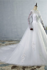 Elegant Jewel Tulle Lace Wedding Dress Long Sleeves Appliques Sequins Bridal Gowns On Sale