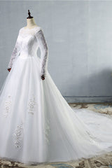 Elegant Jewel Tulle Lace Wedding Dress Long Sleeves Appliques Sequins Bridal Gowns On Sale