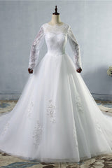 Elegant Jewel Tulle Lace Wedding Dress Long Sleeves Appliques Sequins Bridal Gowns On Sale