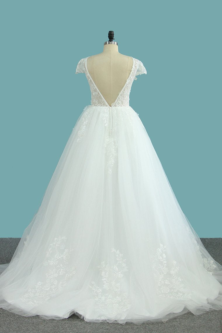 Elegant Jewel Tulle Lace Wedding Dress Short Sleeves Appliques Ruffles Bridal Gowns Online