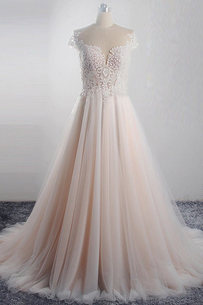 Elegant Jewel Tulle Lace Wedding Dress Short Sleeves Appliques Ruffles Bridal Gowns On Sale