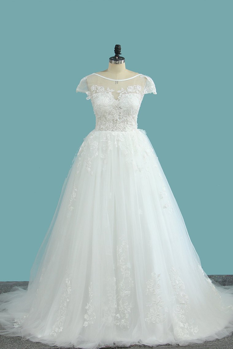 Elegant Jewel Tulle Lace Wedding Dress Short Sleeves Appliques Ruffles Bridal Gowns Online