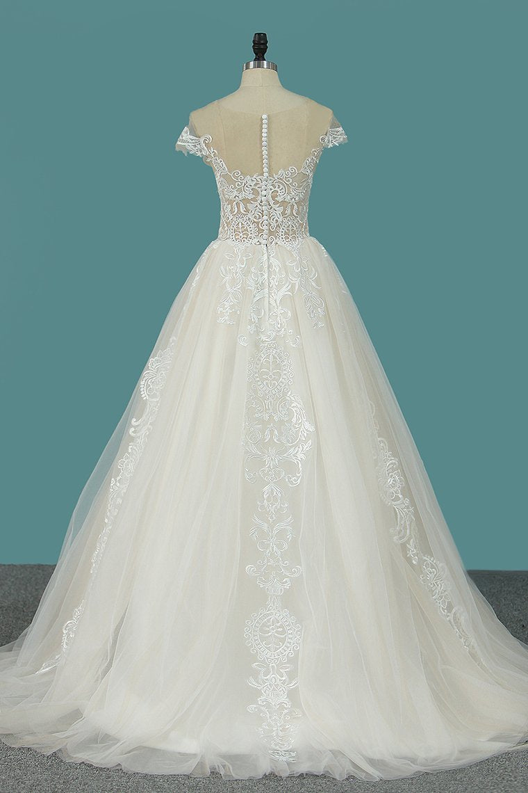 Elegant Jewel Tulle Lace Wedding Dress Sleeveless Appliques Ruffles Bridal Gowns Online