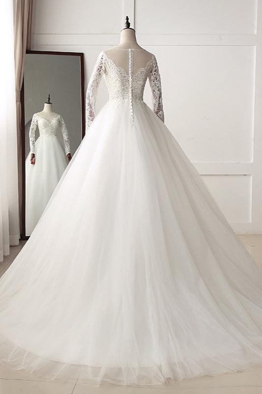 Elegant Jewel Tulle Lace White Wedding Dress A-Line Long Sleeves Appliques Bridal Gowns On Sale