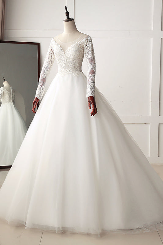 Elegant Jewel Tulle Lace White Wedding Dress A-Line Long Sleeves Appliques Bridal Gowns On Sale