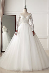 Elegant Jewel Tulle Lace White Wedding Dress A-Line Long Sleeves Appliques Bridal Gowns On Sale