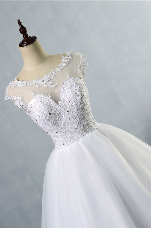 Elegant Jewel Tulles Lace Wedding Dress Sleeveless Appliques Beadings Bridal Gowns Online