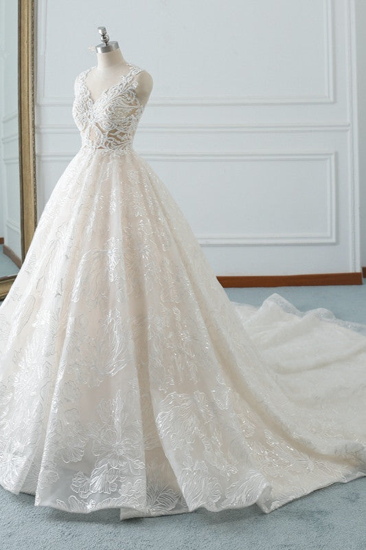 Elegant Jewel White Tulle Lace Wedding Dress Sleeveless Appliques A-Line Bridal Gowns Online