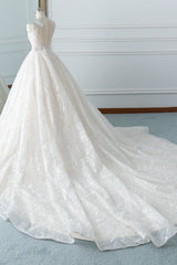 Elegant Jewel White Tulle Lace Wedding Dress Sleeveless Appliques A-Line Bridal Gowns Online