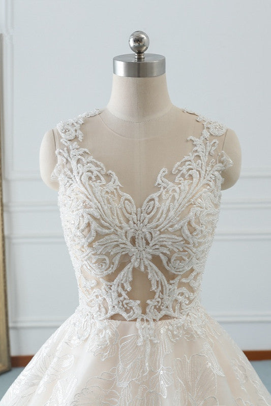 Elegant Jewel White Tulle Lace Wedding Dress Sleeveless Appliques A-Line Bridal Gowns Online