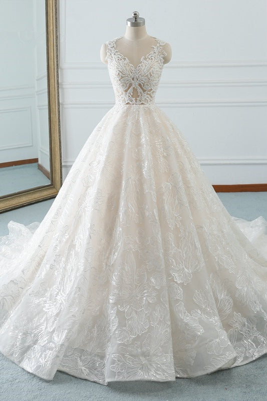 Elegant Jewel White Tulle Lace Wedding Dress Sleeveless Appliques A-Line Bridal Gowns Online