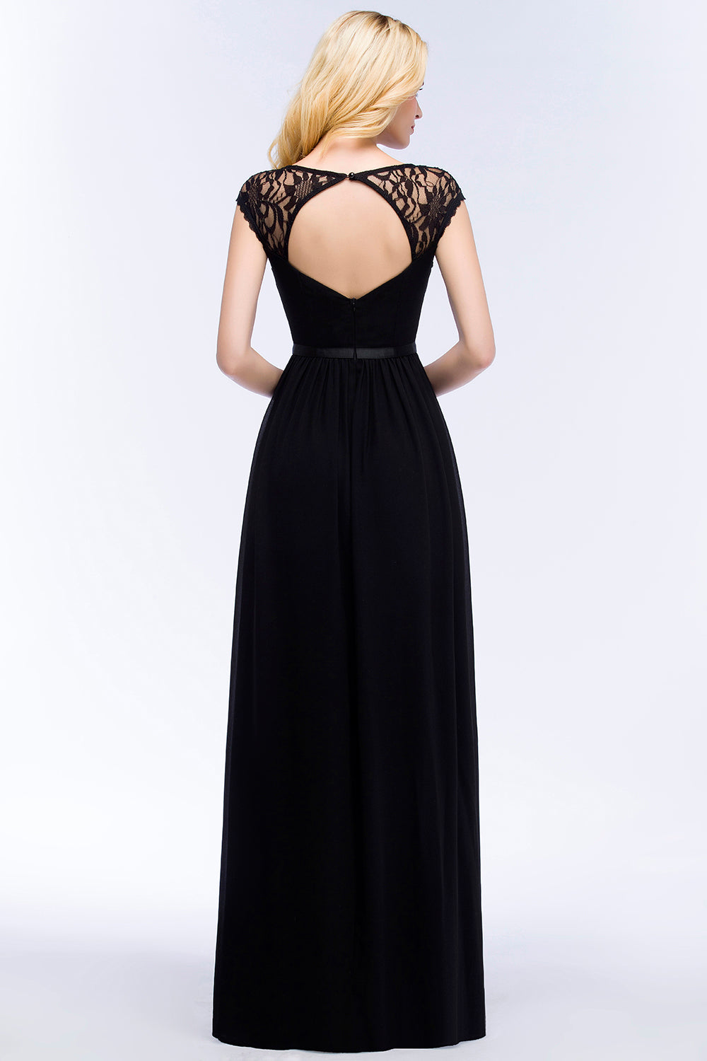 Elegant Lace Black V-Neck Sleeveless Bridesmaid Dress with Hollowout Back