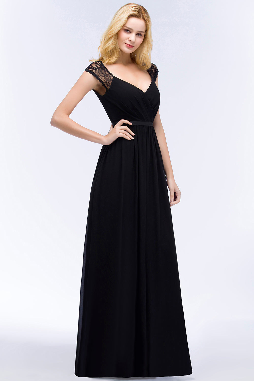 Elegant Lace Black V-Neck Sleeveless Bridesmaid Dress with Hollowout Back