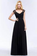 Elegant Lace Black V-Neck Sleeveless Bridesmaid Dress with Hollowout Back