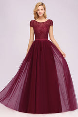 Elegant Lace Cap Sleeves Burgundy Bridesmaid Dresses Affordable